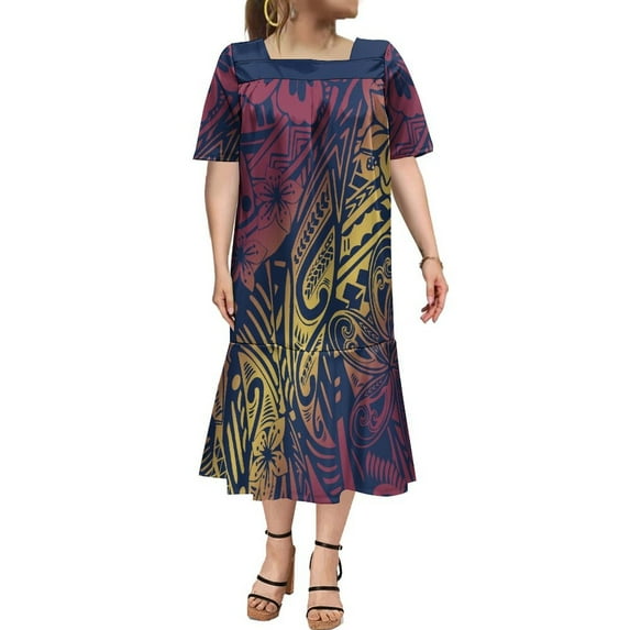 Polynesian Casual Dress Mumu Square Collar Maxi Dress Custom Hawaiian Art Tribe Dress Micronesian Dress