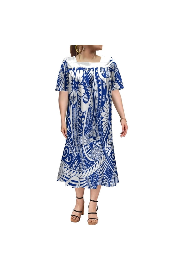 Polynesian Casual Dress Mumu Square Collar Maxi Dress Custom Hawaiian Art Tribe Dress Micronesian Dress