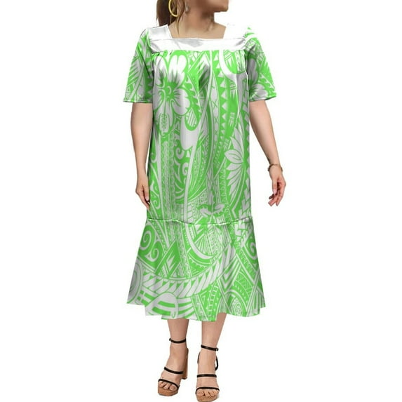 Polynesian Casual Dress Mumu Square Collar Maxi Dress Custom Hawaiian Art Tribe Dress Micronesian Dress