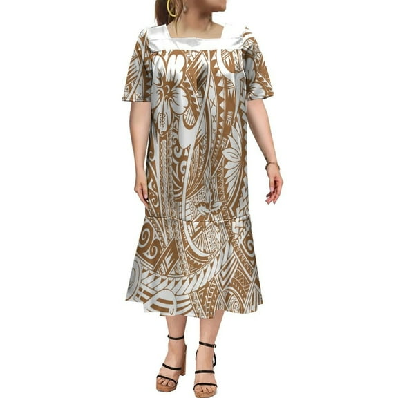 Polynesian Casual Dress Mumu Square Collar Maxi Dress Custom Hawaiian Art Tribe Dress Micronesian Dress