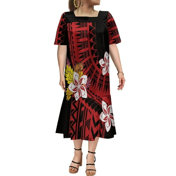 Polynesian Casual Dress Mumu Square Collar Maxi Dress Custom Hawaiian Art Tribe Dress Micronesian Dress