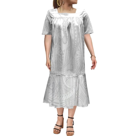 Polynesian Casual Dress Mumu Square Collar Maxi Dress Custom Hawaiian Art Tribe Dress Micronesian Dress