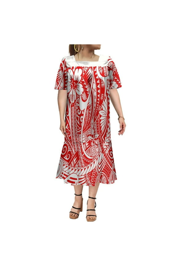 Polynesian Casual Dress Mumu Square Collar Maxi Dress Custom Hawaiian Art Tribe Dress Micronesian Dress