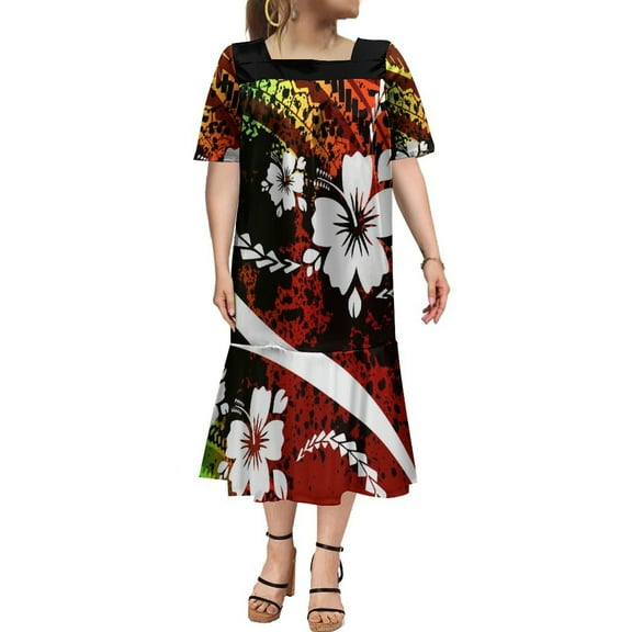 Polynesian Casual Dress Mumu Square Collar Maxi Dress Custom Hawaiian Art Tribe Dress Micronesian Dress