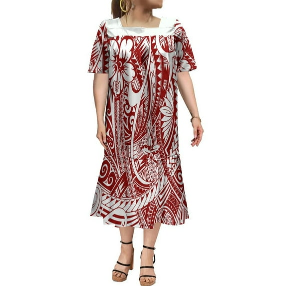 Polynesian Casual Dress Mumu Square Collar Maxi Dress Custom Hawaiian Art Tribe Dress Micronesian Dress