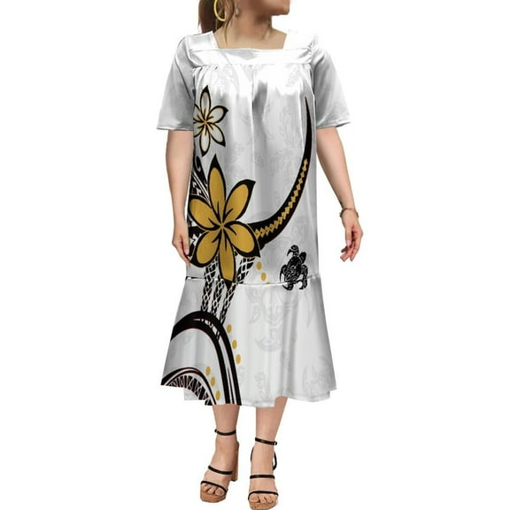 Polynesian Casual Dress Mumu Square Collar Maxi Dress Custom Hawaiian Art Tribe Dress Micronesian Dress