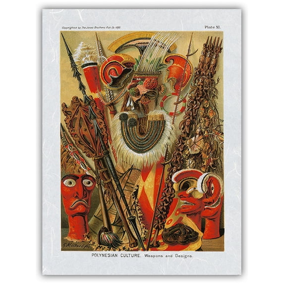 Polynesian Culture - Hawaiian Artifacts Spears Feather Capes Tikis - Vintage Engraved Book Plate by G. Mutzel c.1893 - Japanese Unryu Rice Paper Art Print (Unframed) 12 x 16 in
