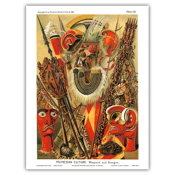 Polynesian Culture - Hawaiian Artifacts Spears Feather Capes Tikis - Vintage Engraved Book Plate by G. Mutzel c.1893 - Master Art Print (Unframed) 9in x 12in
