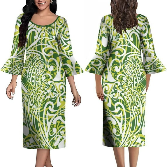 Polynesian Dress Hawaiian Islands Temperament Dress Ruffled Cuff Elegant Knee-Length Skirt 2024 Vintage Art Maxi Dress