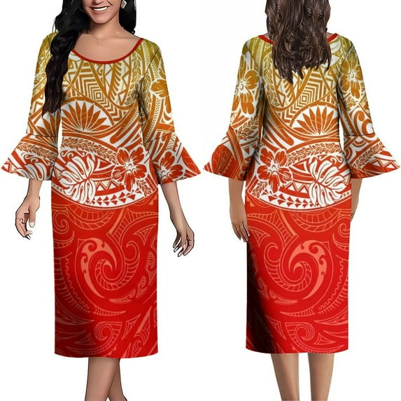 Polynesian Dress Hawaiian Islands Temperament Dress Ruffled Cuff Elegant Knee-Length Skirt 2024 Vintage Art Maxi Dress