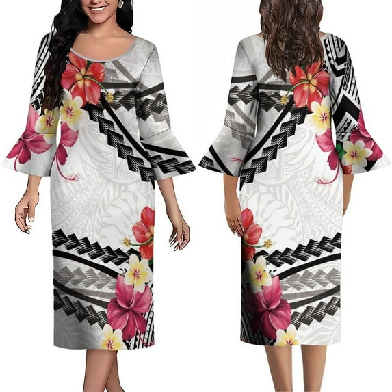 Polynesian Dress Hawaiian Islands Temperament Dress Ruffled Cuff Elegant Knee-Length Skirt 2024 Vintage Art Maxi Dress