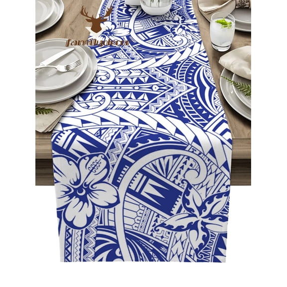 Polynesian Ethnic Texture Blue Table Runner Home Wedding Table Flag Mat Centerpieces Decoration Party Dining Long Tablecloth