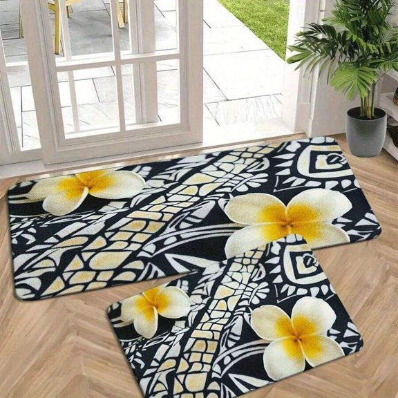 Polynesian Floral Pattern Non-Slip Absorbent Kitchen Mat Set - White, 2