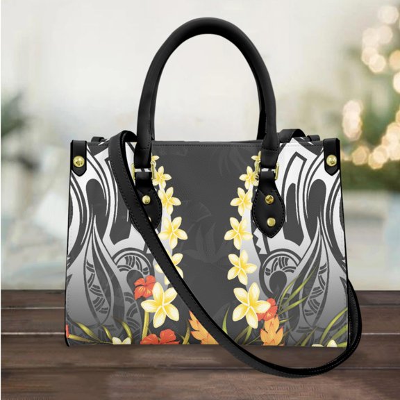 Polynesian Hibiscus Flower Long Shoulder Strap Tote Bags Tribal Style Top Handle PU Leather Messenger Bag Trend Small Clutch