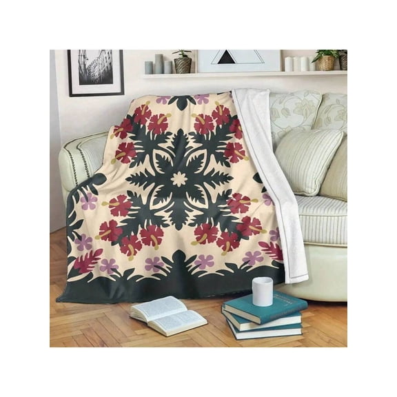 Polynesian Hibiscus Quilted Flannel Throw - Retro Geometric Floral Pattern, Earthy Tones, All-Season Soft Blanket for Couch Bed Decor