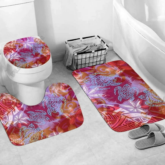 Polynesian Home Set - Red Tribal Print Bathroom Set 3D printed Bathroom Pedestal Rug Lid Toilet Cover Bath Mat Set