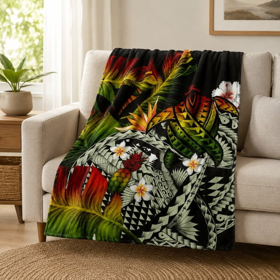 Polynesian-Inspired Floral Geometric Fleece Throw Blanket, 280 GSM Polyester