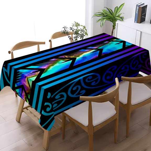 Polynesian Iridescent Blue Purple Geometric Print Tablecloth, Kitchen Dining Living Room Home Gathering Decor, Tropical Tribal Table Cover, Thanksgiving Christmas Gift