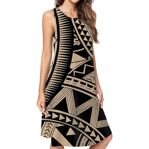 Polynesian Samoan Tattoo Black Tan Design Casual Sleeveless Loose Sundress Dress For Women Summer Dress Daily Woman