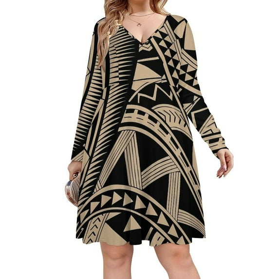 Polynesian Samoan Tattoo Black Tan Design Long Sleeve Sexy Dresses For Women Ladies Vintage Elegant Party Dress Oversized V-neck Dress