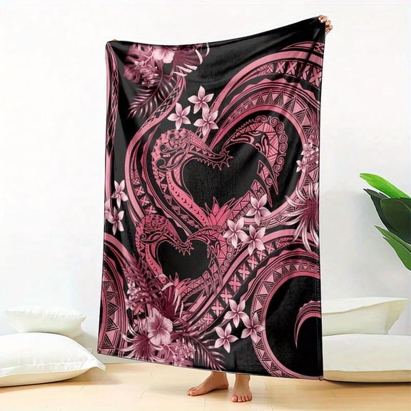 [Polynesian Tattoo Blanket] Polynesian Valentine's Day "Always in My Heart" Tattoo Blanket - Pink Style, Lightweight All-Season Flannel Throw for Sofa, Bed, Office, Camping, Travel - Digital Print