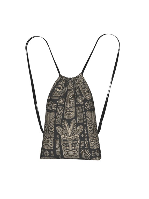 Polynesian Tribal Tiki Art Packable Drawstring Backpack, Lightweight Foldable Cinch Storage Bag for Gym Travel Shopping