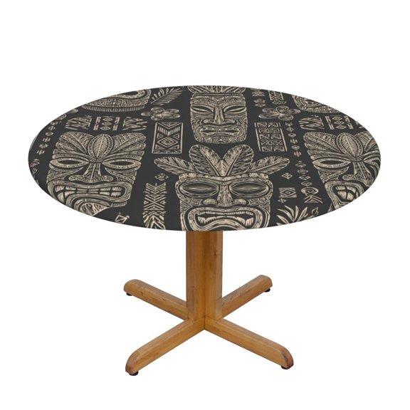 Polynesian Tribal Tiki Art Round Fitted Tablecloth Elastic Edged Table Cloth Waterproof Table Cover,S,40"-50"
