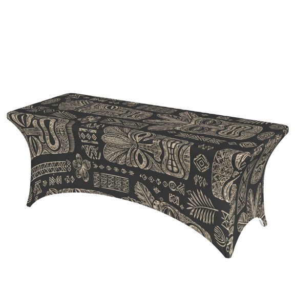 Polynesian Tribal Tiki Art Stretch Rectangular Table Cover 6FT Elastic Fitted Tablecloth for Parties, Weddings, Banquets