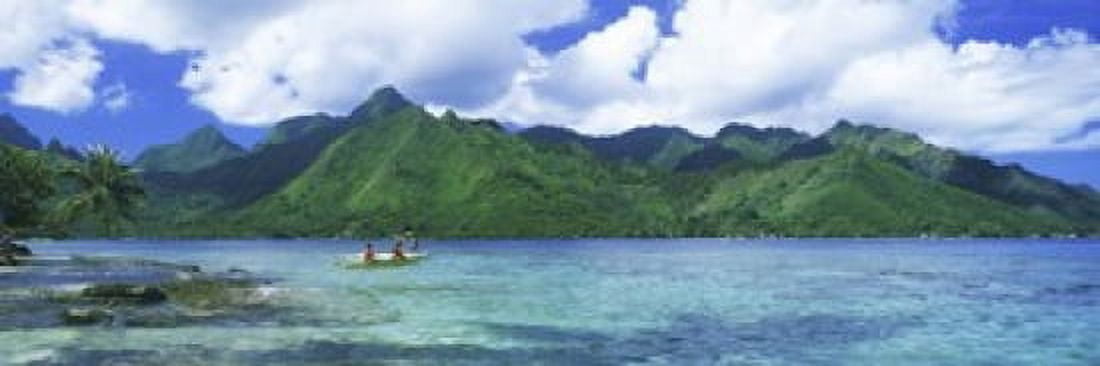Polynesian people rowing a yellow outrigger boat in the bay Opunohu Bay Moorea Tahiti French Polynesia Canvas Art - Panoramic Images (18 x 6)