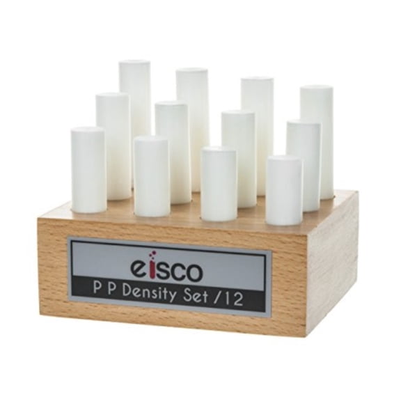 Polypropylene Masses for Density Exploration, Set of 12 Cylinders with Wooden Holder, Varied Lengths and 0.5" Diameter - For use