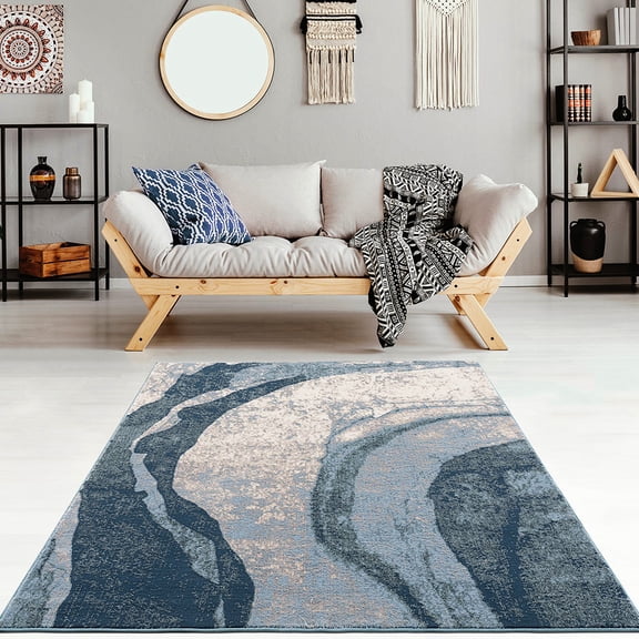Polypropylene & Polyester Wave Area Rug / Blue Pattern, Easy to Vacuum