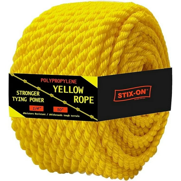 Polypropylene Rope 50Ft – 1/4 Inch Twisted Nautical Rope – Oil Resistant Yellow Heavy Duty Rope Ideal for Boats, Dock – Increased Friction and Heat Resistance – High Tensile Strength Marine Rope