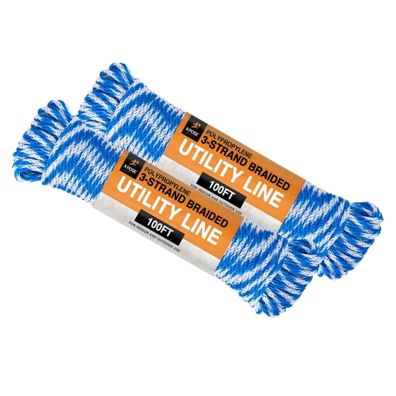 Polypropylene Rope - Braided Utility Line - 100 Ft Rope - All Purpose Indoor & Outdoor Poly Rope Cord - Twisted Clothesline Rope, Sash Cord, Anchor Line, Camping, Marine, Pool, Nautical 2 Pack