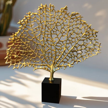 Polyresin Decorative Coral Gold Finish Black Wooden Base Home Decoration for Living Room Bedroom Study Room Kitchen Office Classic Wood Decor Beautiful Home Decor Gift