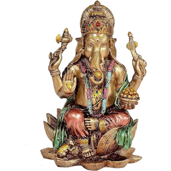 Polyresin Lord Ganesha Ganesh Statue Sitting on Lotus for Home Decor, Height 7.1 Inch