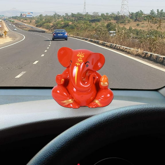 Polyresin Orange Ganesha Statue for Car Dashboard | Ganpati Idol Figurine | Lord Ganesh Murti for Home Temple, Office, Gift Decor