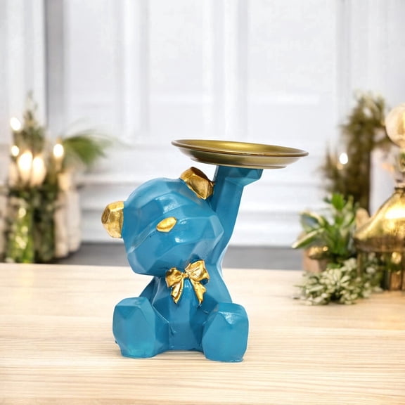 NATRIEL Decorative Blue Teddy Bear Figurine with Gold Accents, Polyresin Display Stand, 6.9 Inch Height, Plate Holder Design (Blue)