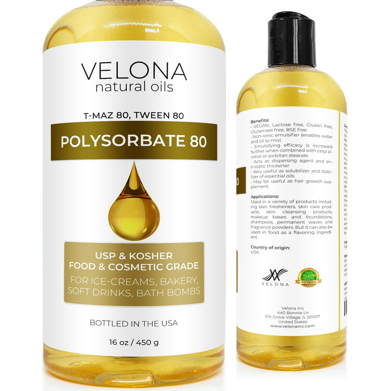 Polysorbate 80 by Velona - 16 oz | Solubilizer, Food & Cosmetic Grade | All  Natural for Cooking, Skin Care and Bath Bombs, Sprays, Foam Maker | Use