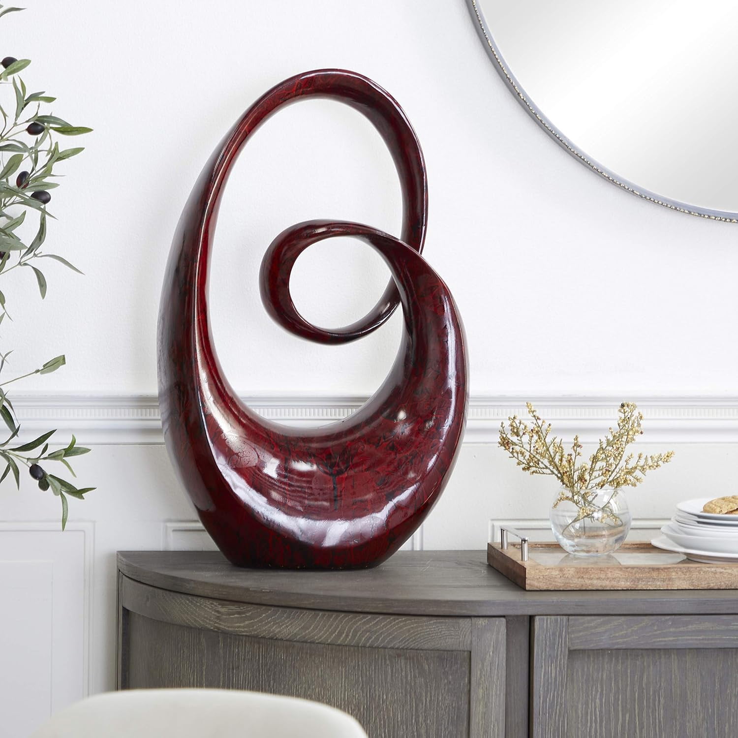 Polystone Abstract Decorative Sculpture Swirl Home Decor Statue, Accent Figurine 11" x 6" x 20", Red