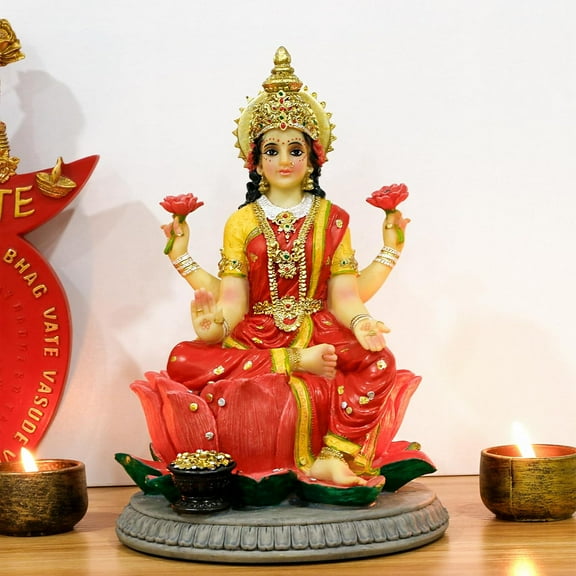 Polystone Indian Goddess Laxmi Statue - 8.9H Hindu Idol Lakshmi Sculpture Diwali Gift for Indian Pooja Item Decoration Indian Home Office Mandir Temple Altar Puja Housewarming Wedding