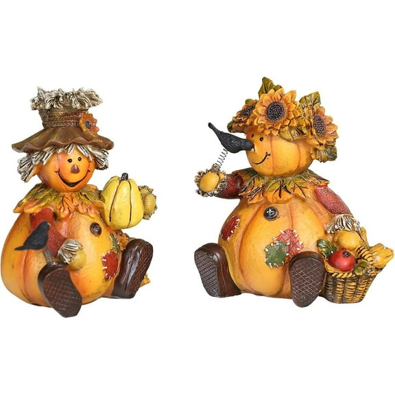 Polystone Table Decor Seasonal Fall Harvest Statue Pumpkin People Dolls for Home Fall Decor for Thanksgiving Day, Set of 2