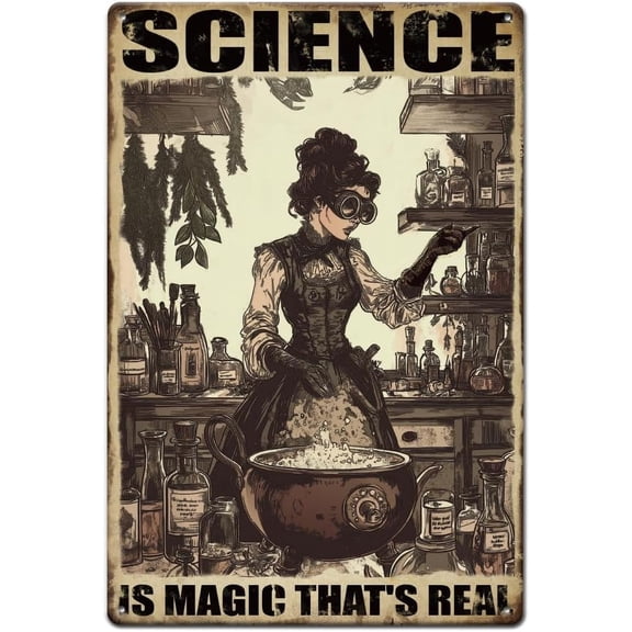 Polytechnic Girl Tin Sign Science is Magic Metal Tin Sign Experimental Scene Tin Signs Retro Metal Poster Vintage Art Sign for DIY Playroom Bar Cafe Man Cave Wall Decor Plaque Sign