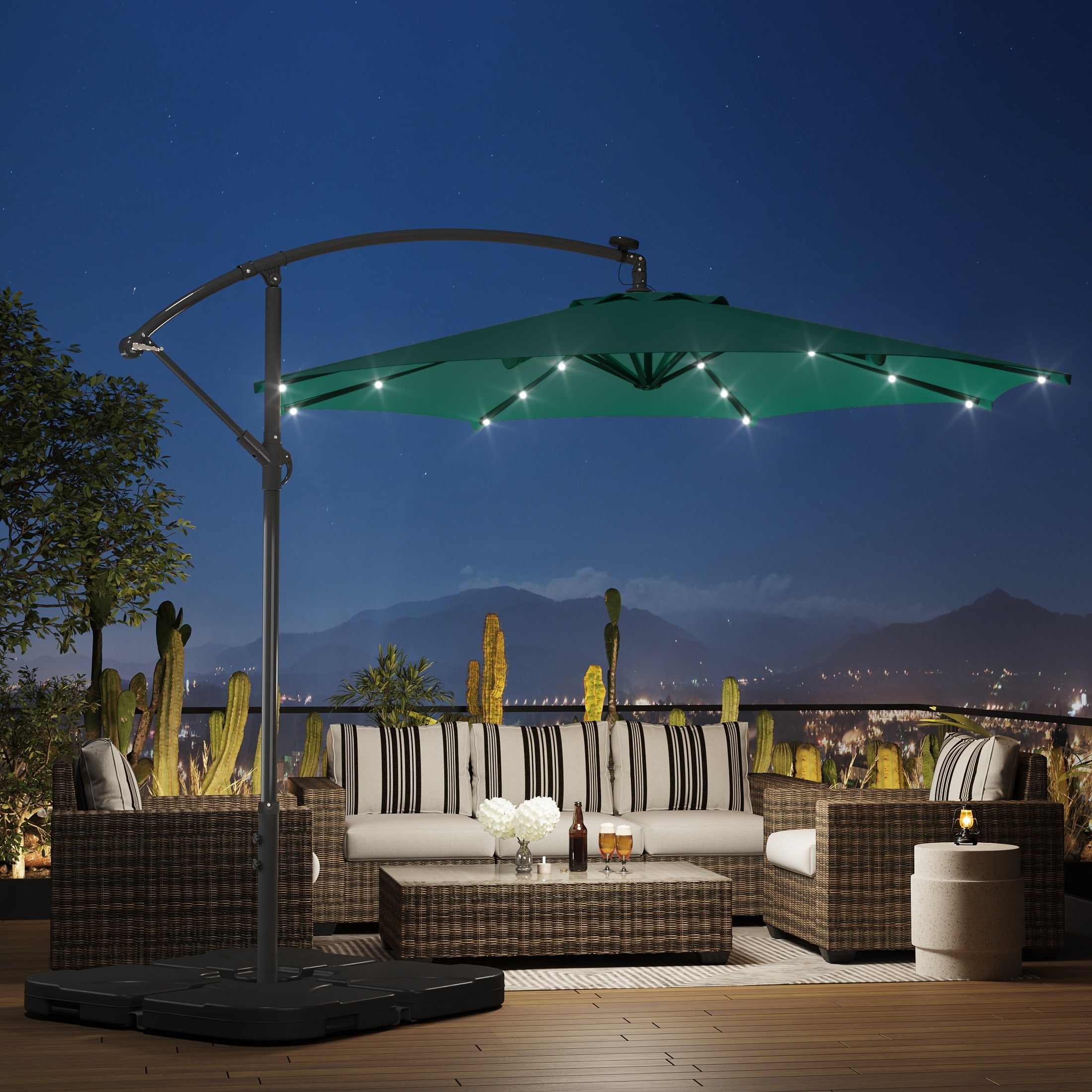Polytrends 10 Ft. Solar Power Lighted Patio Umbrella with Base Stand Dark Green