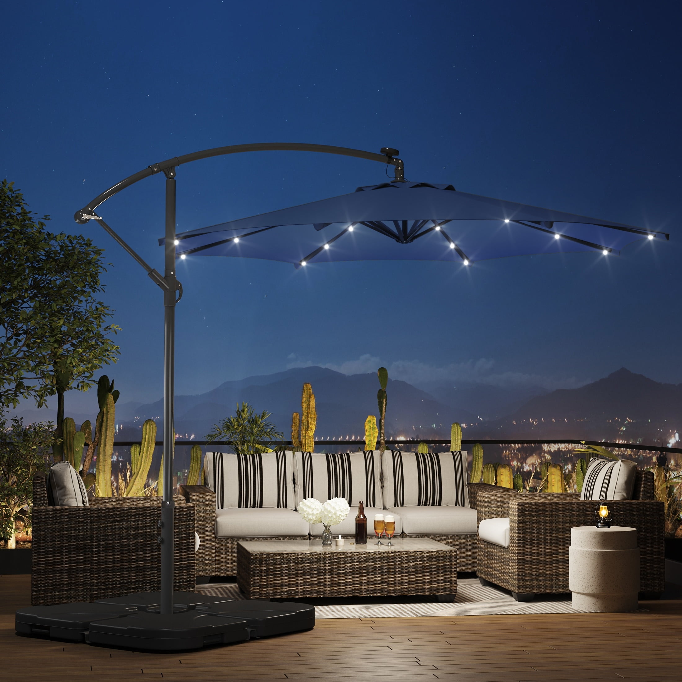 Navy Blue 10 Ft Solar LED Cantilever Patio Umbrella with Base