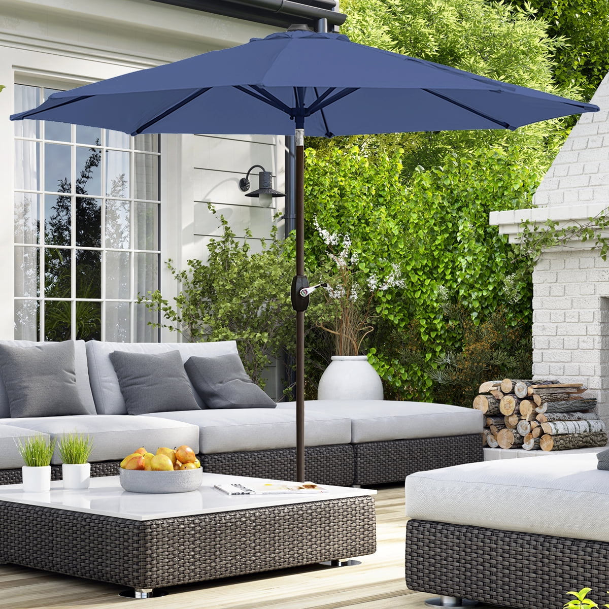 Navy Blue 9 ft. Steel Frame Patio Umbrella with Crank and Tilt