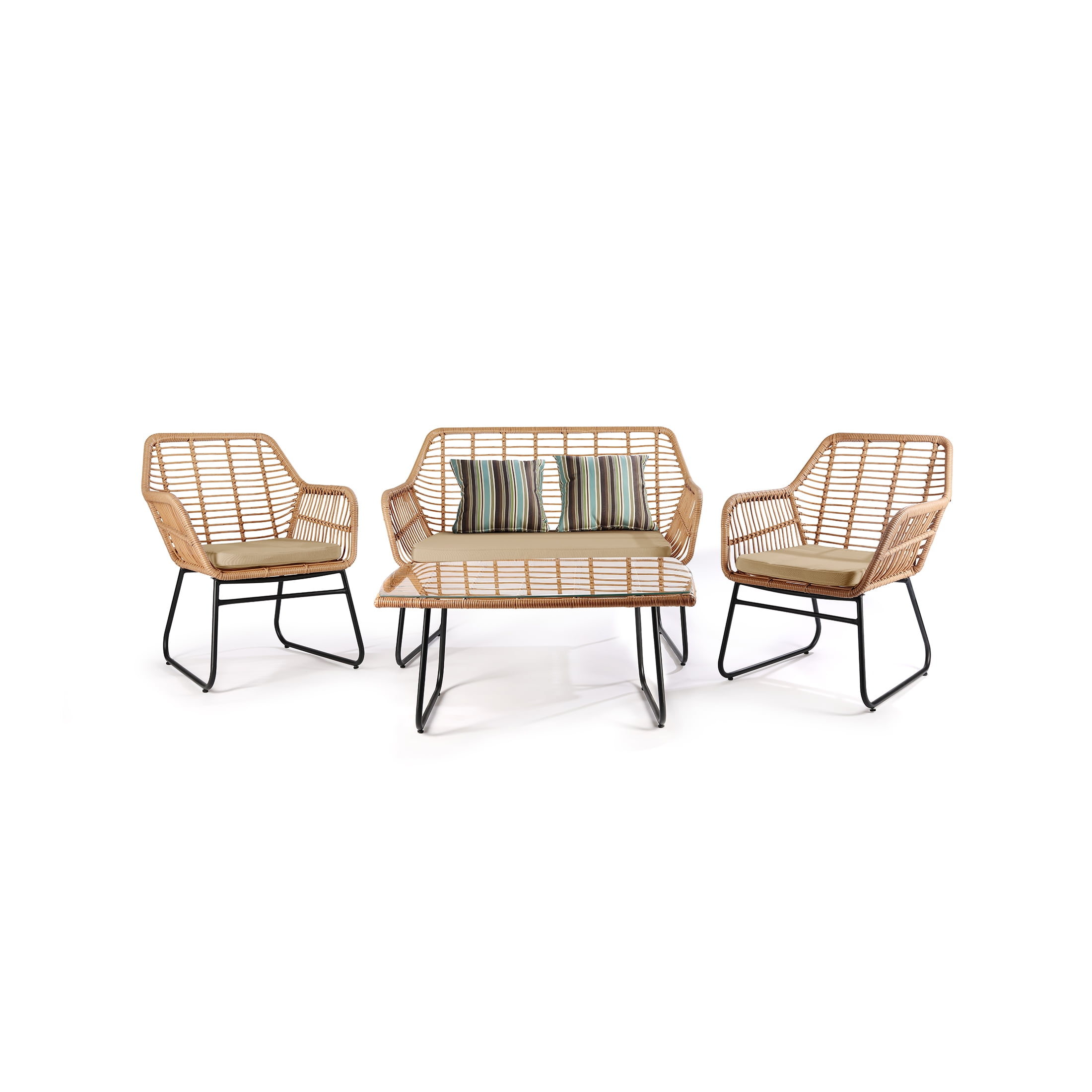 Beige 4-Piece Outdoor Wicker Patio Conversation Set with Cushions