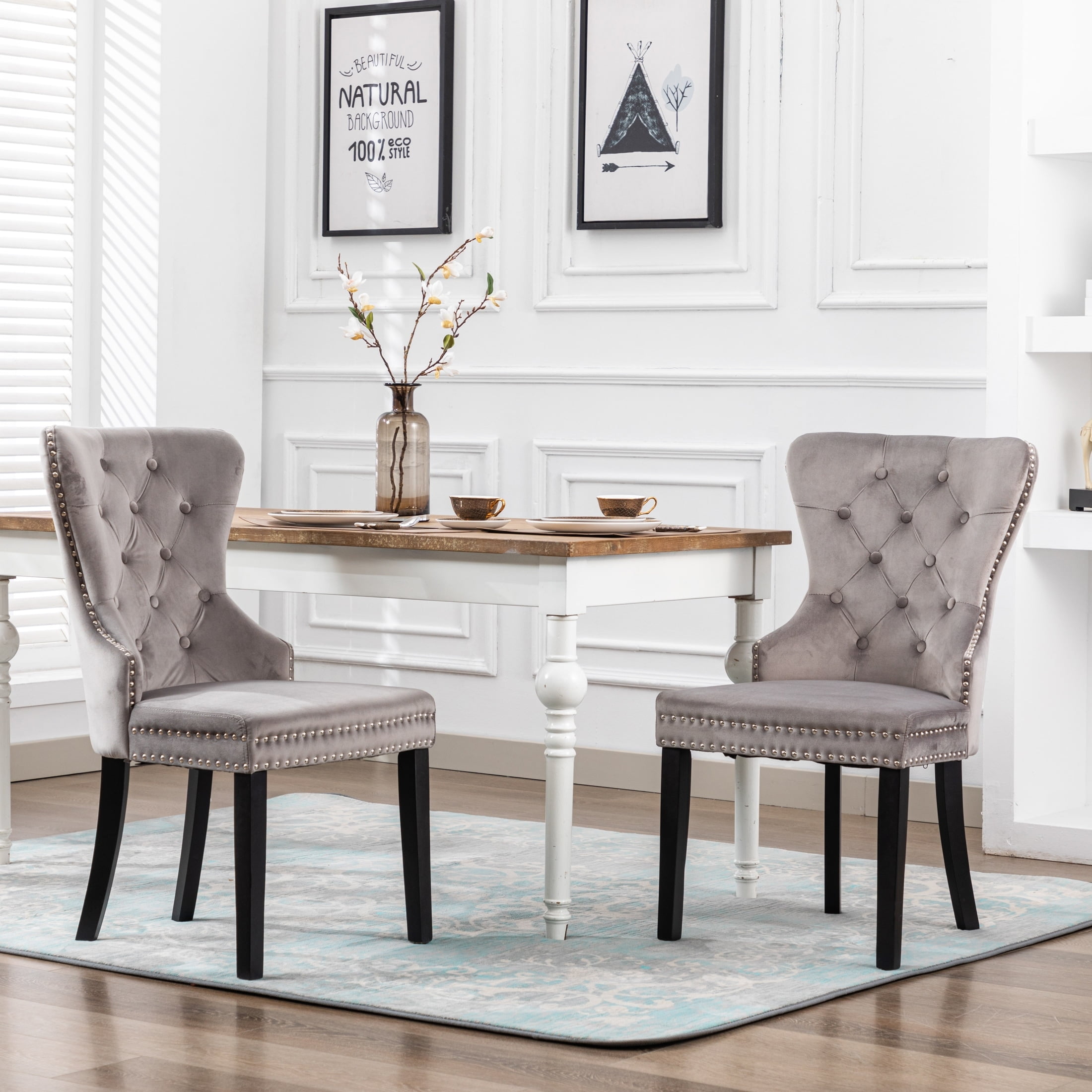 Elegant Gray Velvet Upholstered Dining Side Chair with Nailhead Trim