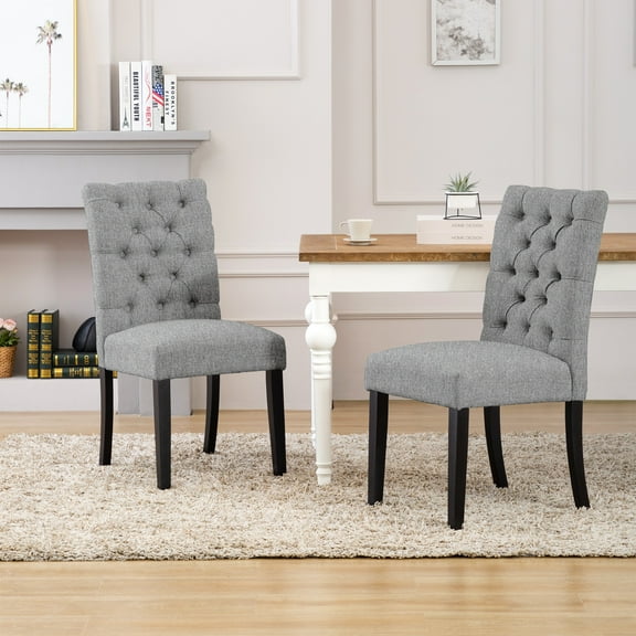 Polytrends Grandview Tufted Upholstered Linen Fabric Dining Chair Grey