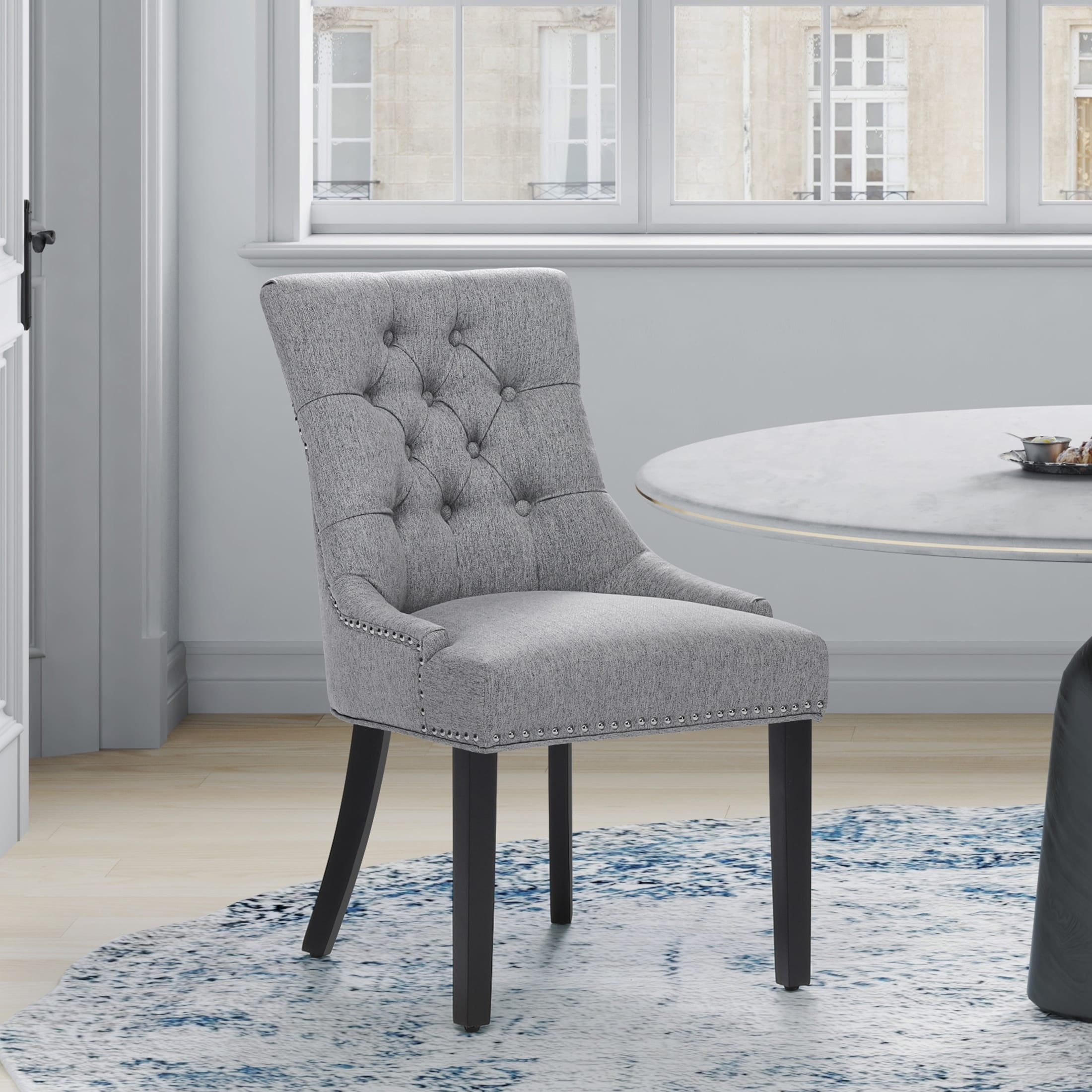 Polytrends Grandview Tufted Upholstered Linen Fabric Dining Chair Sloped Arm Grey Rubberwood, Acacia Nailheads, Tufted Modern & Contemporary, Rustic,