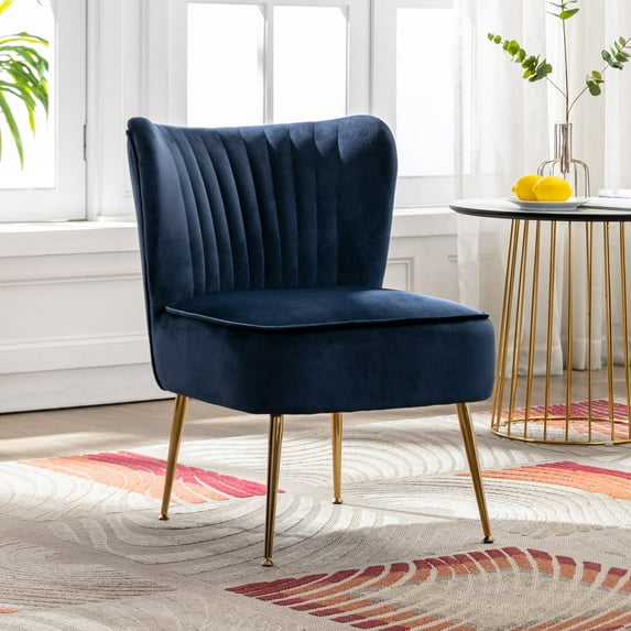 Polytrends Haven Contemporary Velvet Upholstered Accent Chair Accent Chairs, Slipper Chair Navy Blue Includes Hardware, Solid Wood Modern &